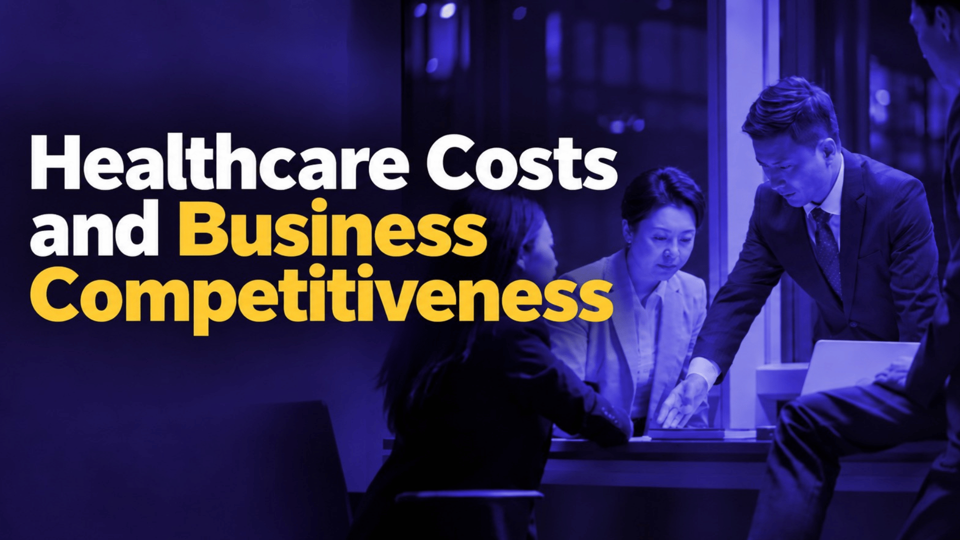 Healthcare Costs. Business Competitiveness. — Wellnecity social card with professionals in discussion on a purple background
